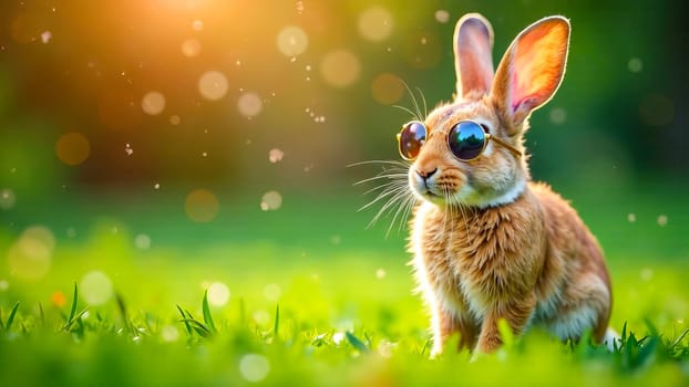 Easter bunny in pink glasses sitting on the grass.