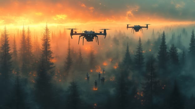 Surveillance drones hover over a burning forest at sunset as a rescue team navigates through smoke and flames.