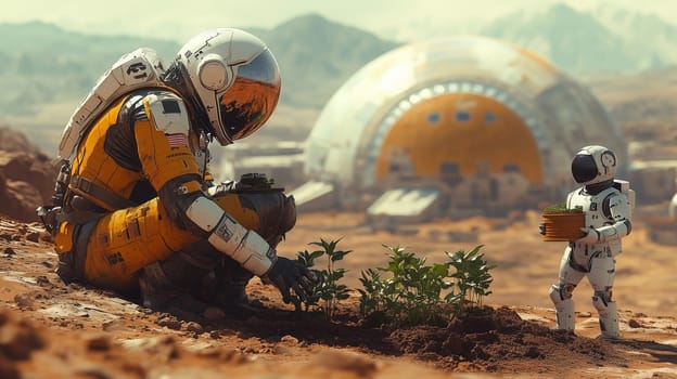 An astronaut assisted by a robot plants crops on Mars in a futuristic colony setting, with domes and mountains visible in the background.