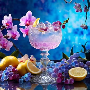 Elegant purple orchid with crystal glass of ice, lemon, and vibrant spheres. Perfect for floral, beverage, or wellness themes. Bright colors, fresh and modern composition