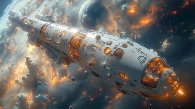 A sleek, futuristic spaceship with illuminated interiors soaring through a galaxy filled with glowing, fiery clouds and distant planets.