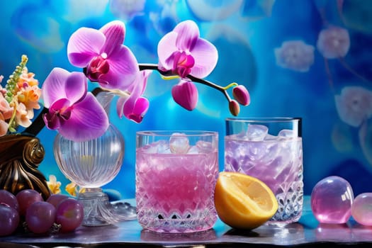 Elegant purple orchid with crystal glass of ice, lemon, and vibrant spheres. Perfect for floral, beverage, or wellness themes. Bright colors, fresh and modern composition