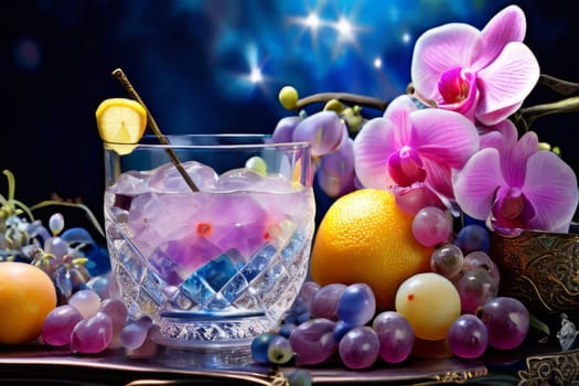 Elegant purple orchid with crystal glass of ice, lemon, and vibrant spheres. Perfect for floral, beverage, or wellness themes. Bright colors, fresh and modern composition