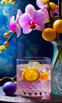 Elegant purple orchid with crystal glass of ice, lemon, and vibrant spheres. Perfect for floral, beverage, or wellness themes. Bright colors, fresh and modern composition