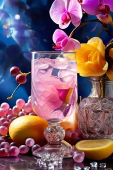 Elegant purple orchid with crystal glass of ice, lemon, and vibrant spheres. Perfect for floral, beverage, or wellness themes. Bright colors, fresh and modern composition