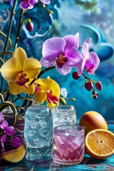 Elegant purple orchid with crystal glass of ice, lemon, and vibrant spheres. Perfect for floral, beverage, or wellness themes. Bright colors, fresh and modern composition