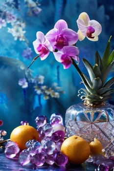 Elegant purple orchid with crystal glass of ice, lemon, and vibrant spheres. Perfect for floral, beverage, or wellness themes. Bright colors, fresh and modern composition