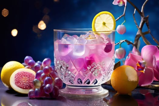 Captivating purple orchid beside glass filled with ice, lemon, and colorful spheres. Ideal for fresh, vibrant designs in wellness, floral, or culinary contexts.