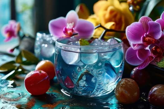 Captivating purple orchid beside glass filled with ice, lemon, and colorful spheres. Ideal for fresh, vibrant designs in wellness, floral, or culinary contexts.