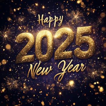 Festive Happy New Year 2025 design featuring golden glittery numbers, fireworks, and bokeh lights on a dark background.
