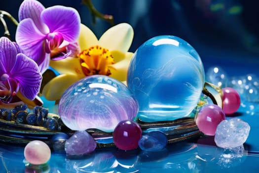 Captivating purple orchid beside glass filled with ice, lemon, and colorful spheres. Ideal for fresh, vibrant designs in wellness, floral, or culinary contexts.