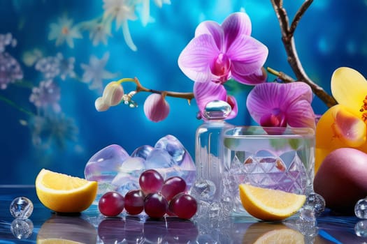 Captivating purple orchid beside glass filled with ice, lemon, and colorful spheres. Ideal for fresh, vibrant designs in wellness, floral, or culinary contexts.