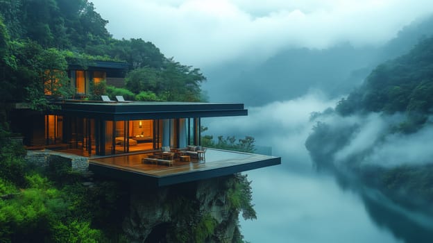 Modern eco-friendly house with glass walls perched on a lush green cliff, surrounded by foggy river valley.