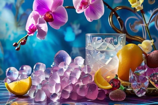 Captivating purple orchid beside glass filled with ice, lemon, and colorful spheres. Ideal for fresh, vibrant designs in wellness, floral, or culinary contexts.