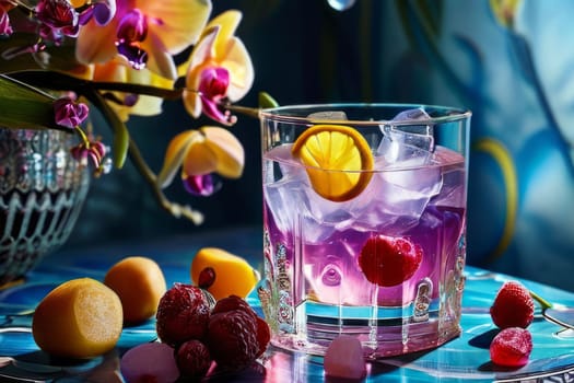 Captivating purple orchid beside glass filled with ice, lemon, and colorful spheres. Ideal for fresh, vibrant designs in wellness, floral, or culinary contexts.