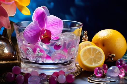 Captivating purple orchid beside glass filled with ice, lemon, and colorful spheres. Ideal for fresh, vibrant designs in wellness, floral, or culinary contexts.