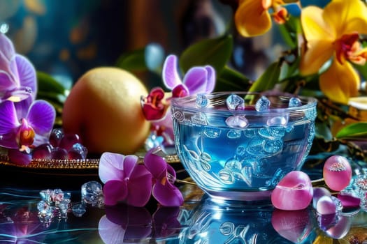 Captivating purple orchid beside glass filled with ice, lemon, and colorful spheres. Ideal for fresh, vibrant designs in wellness, floral, or culinary contexts.