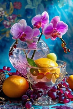 Captivating purple orchid beside glass filled with ice, lemon, and colorful spheres. Ideal for fresh, vibrant designs in wellness, floral, or culinary contexts.