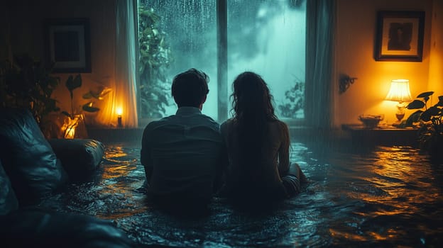 A man and woman sit on a waterlogged floor in a dimly lit living room, rain pouring outside, creating an emotional scene.