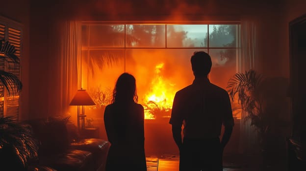 A dramatic scene of a couple standing in their living room, silhouetted by a large fire blazing outside the window, creating an intense atmosphere.