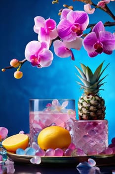 Purple orchid with ice-filled glass, lemon, and colorful spheres. Bright, modern aesthetic suitable for beverage, wellness, or floral promotions. Eye-catching and fresh