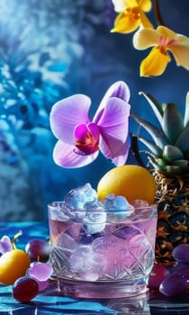 Purple orchid with ice-filled glass, lemon, and colorful spheres. Bright, modern aesthetic suitable for beverage, wellness, or floral promotions. Eye-catching and fresh