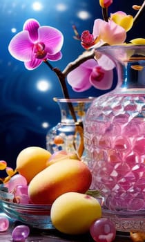 Purple orchid with ice-filled glass, lemon, and colorful spheres. Bright, modern aesthetic suitable for beverage, wellness, or floral promotions. Eye-catching and fresh