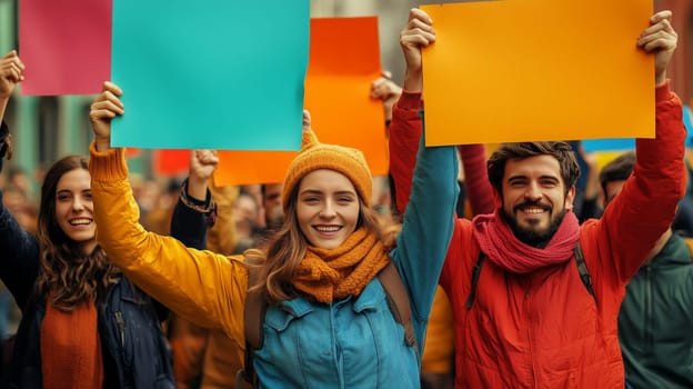 A group of cheerful young activists in bright clothing hold vibrant signs at a peaceful protest, symbolizing solidarity and positivity in an urban setting.