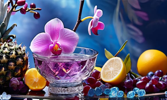 Purple orchid with ice-filled glass, lemon, and colorful spheres. Bright, modern aesthetic suitable for beverage, wellness, or floral promotions. Eye-catching and fresh