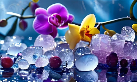 Purple orchid with ice-filled glass, lemon, and colorful spheres. Bright, modern aesthetic suitable for beverage, wellness, or floral promotions. Eye-catching and fresh