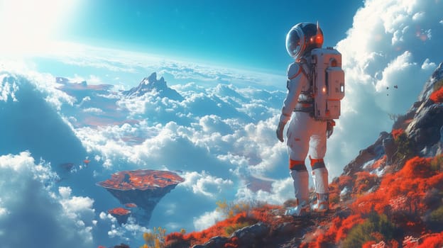 An astronaut stands on a vibrant alien terrain overlooking floating islands and clouds, surrounded by a surreal, colorful atmosphere.