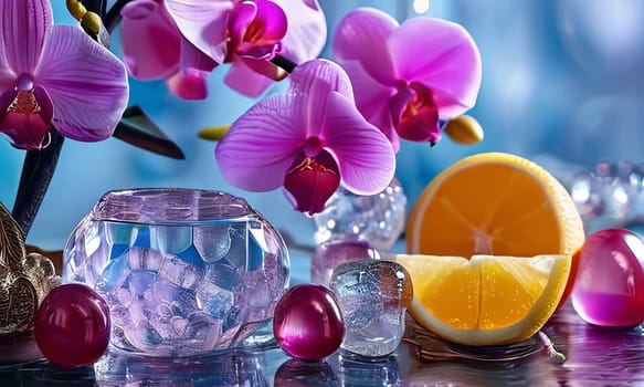 Purple orchid with ice-filled glass, lemon, and colorful spheres. Bright, modern aesthetic suitable for beverage, wellness, or floral promotions. Eye-catching and fresh