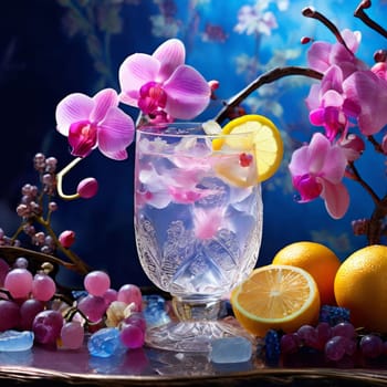 Dynamic scene with purple orchid, crystal glass of ice, lemon, and colorful spheres. Vibrant colors and modern design perfect for beverage or wellness themes