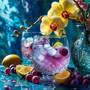 Dynamic scene with purple orchid, crystal glass of ice, lemon, and colorful spheres. Vibrant colors and modern design perfect for beverage or wellness themes