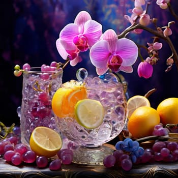 Dynamic scene with purple orchid, crystal glass of ice, lemon, and colorful spheres. Vibrant colors and modern design perfect for beverage or wellness themes