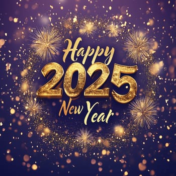 Festive New Year 2025 greeting card with sparkling gold text, glittery fireworks, and bokeh lights on a purple background.