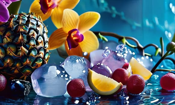 Dynamic scene with purple orchid, crystal glass of ice, lemon, and colorful spheres. Vibrant colors and modern design perfect for beverage or wellness themes