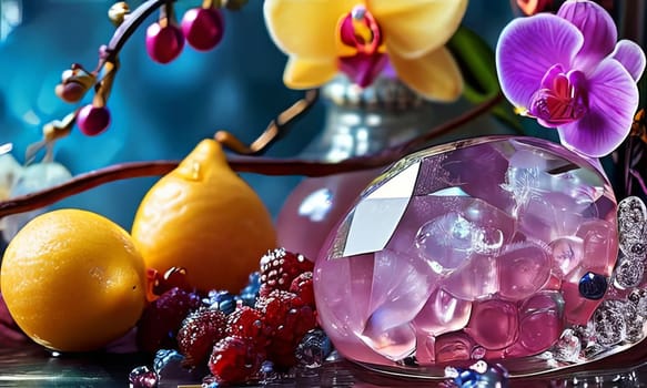 Dynamic scene with purple orchid, crystal glass of ice, lemon, and colorful spheres. Vibrant colors and modern design perfect for beverage or wellness themes