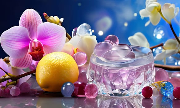 Dynamic scene with purple orchid, crystal glass of ice, lemon, and colorful spheres. Vibrant colors and modern design perfect for beverage or wellness themes