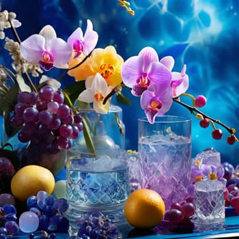 Stunning purple orchid next to ice-filled glass, lemon, and vibrant spheres. Ideal for fresh, colorful compositions in floral, beverage, or wellness sectors