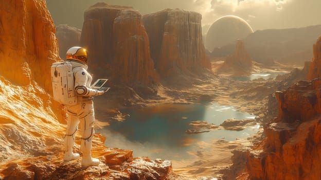 A lone astronaut in a spacesuit surveys a rocky alien terrain with water pools and a large planet in the sky, holding a tablet device.