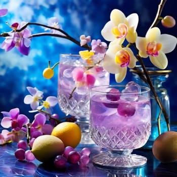 Stunning purple orchid next to ice-filled glass, lemon, and vibrant spheres. Ideal for fresh, colorful compositions in floral, beverage, or wellness sectors
