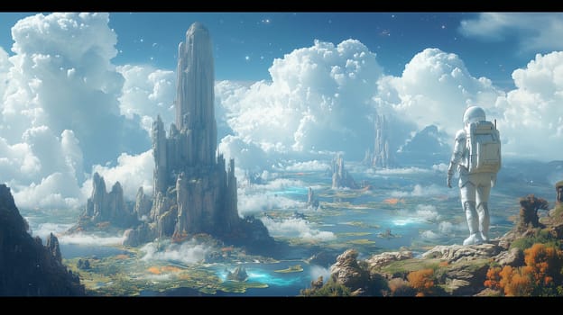 An astronaut surveys a breathtaking alien valley with towering cliffs, vibrant vegetation, and lakes under a sky filled with clouds and stars.