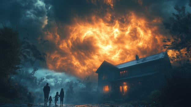 A family of four stands silhouetted, watching a fiery storm swirl above their house, creating a dramatic and surreal apocalyptic scene.
