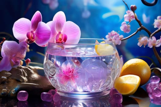 Stunning purple orchid next to ice-filled glass, lemon, and vibrant spheres. Ideal for fresh, colorful compositions in floral, beverage, or wellness sectors
