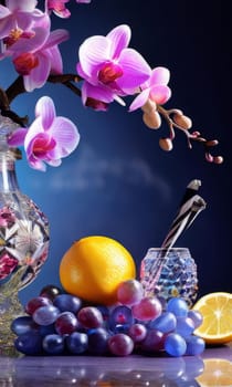 Stunning purple orchid next to ice-filled glass, lemon, and vibrant spheres. Ideal for fresh, colorful compositions in floral, beverage, or wellness sectors