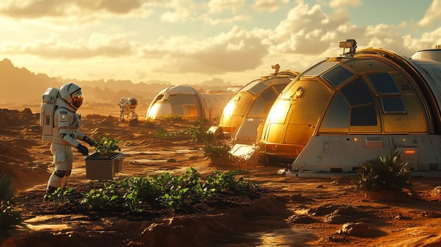Astronaut planting crops on Martian soil with futuristic domes in the background. Concept of space agriculture and colonization.