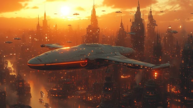 A colossal spaceship soars above a glowing futuristic city with tall skyscrapers, flying vehicles, and vibrant lights during a golden sunset.