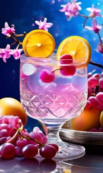 Purple orchid, ice-filled glass, lemon, and vibrant spheres. Fresh and modern, perfect for wellness, beverage, or floral themes. Bright and visually appealing