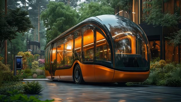 Modern electric bus with sleek design charging at a solar-powered station, surrounded by lush greenery and eco-friendly architecture.